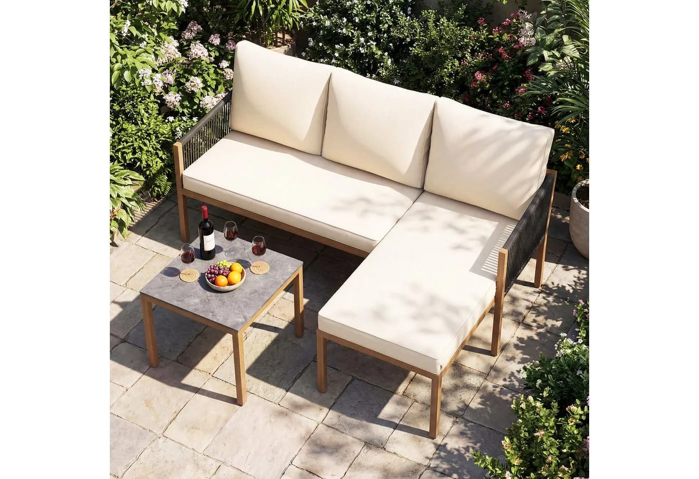 COSTWAY Gartenlounge-Set 3-tlg. Beige Rattan mit Kunstmarmor Tisch - Bild 2