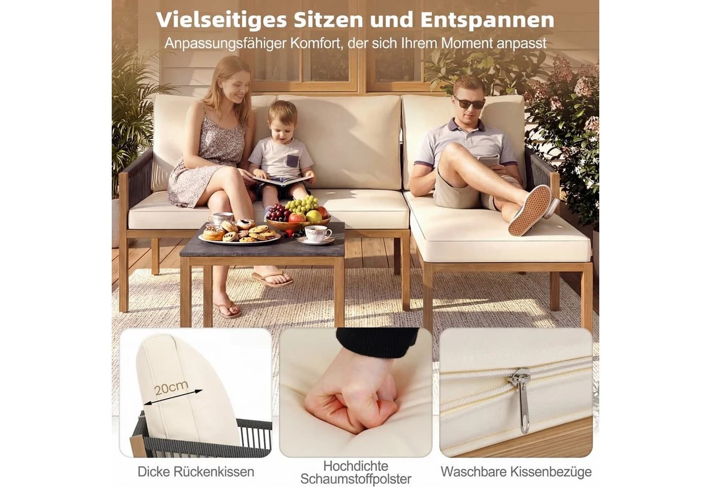 COSTWAY Gartenlounge-Set 3-tlg. Beige Rattan mit Kunstmarmor Tisch - Bild 3