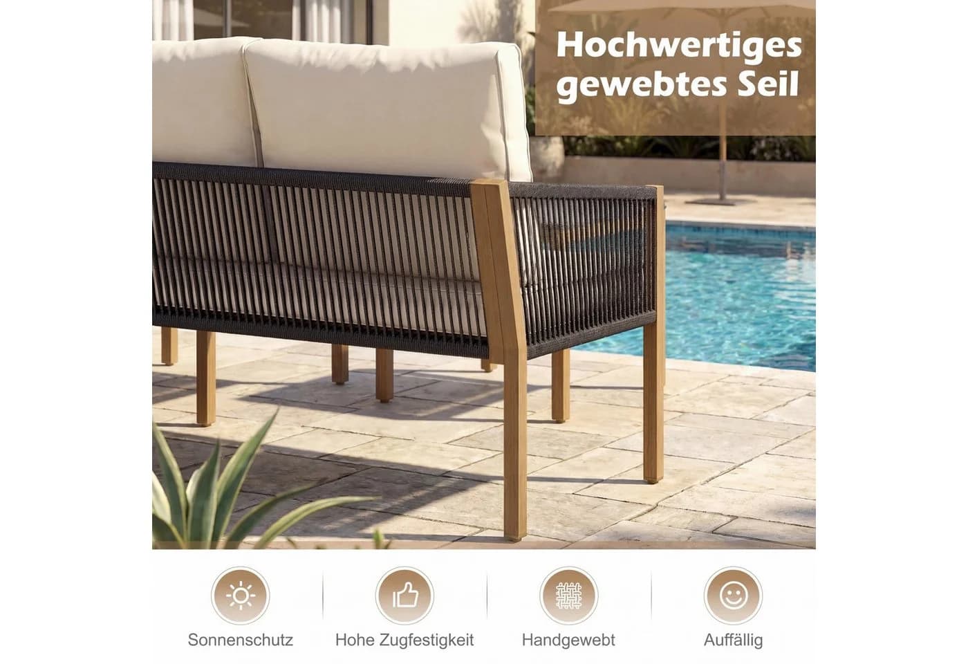 COSTWAY Gartenlounge-Set 3-tlg. Beige Rattan mit Kunstmarmor Tisch - Bild 5
