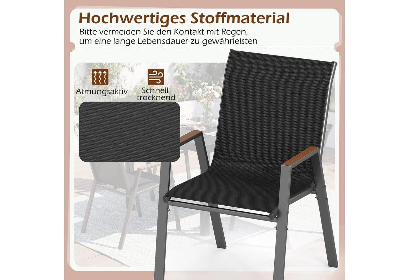 COSTWAY Gartenstuhl 2er Set Stapelbar mit Armlehnen Schwarz - Bild 3