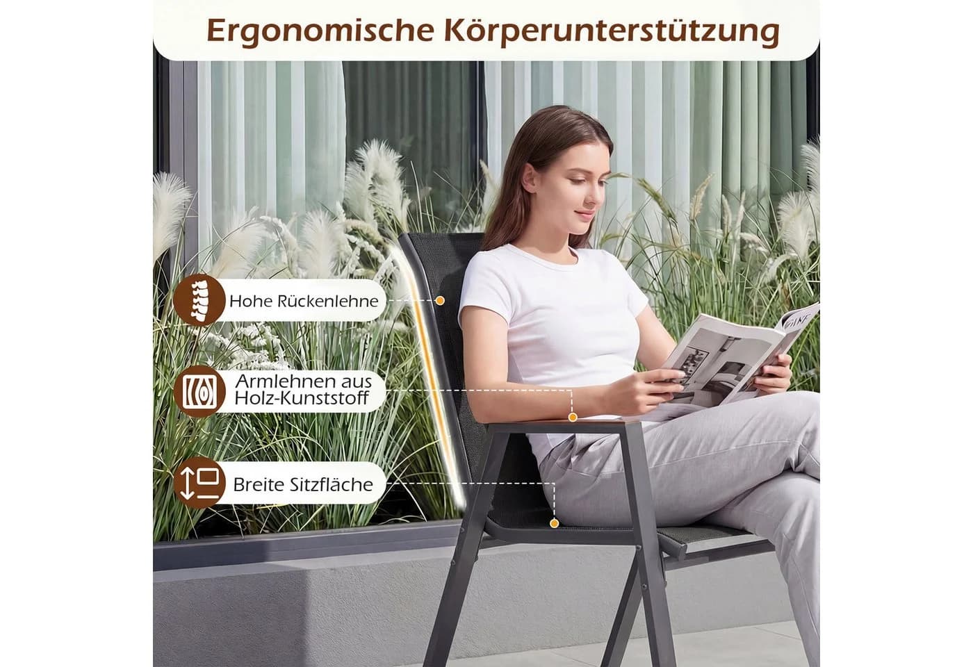 COSTWAY Gartenstuhl 2er Set Stapelbar mit Armlehnen Schwarz - Bild 4