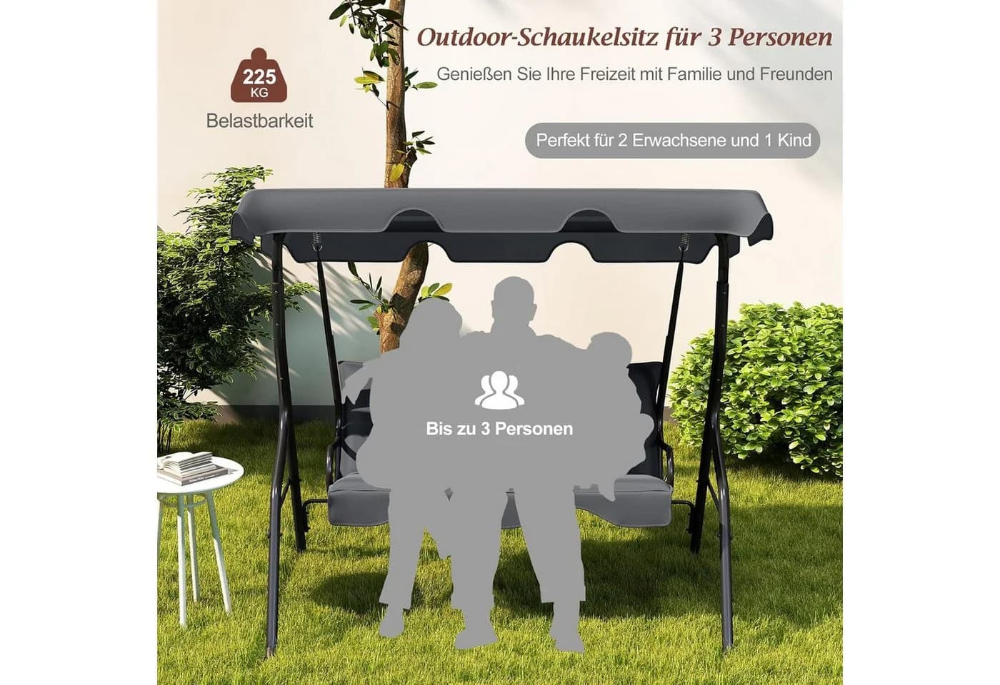 KOMFOTTEU Hollywoodschaukel 3-Sitzer mit Sonnendach Grau - Bild 3