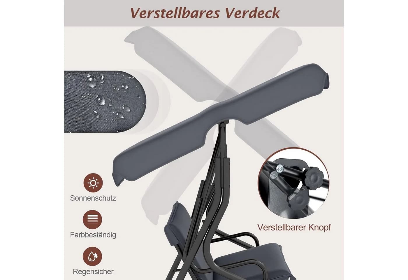 KOMFOTTEU Hollywoodschaukel 3-Sitzer mit Sonnendach Grau - Bild 4