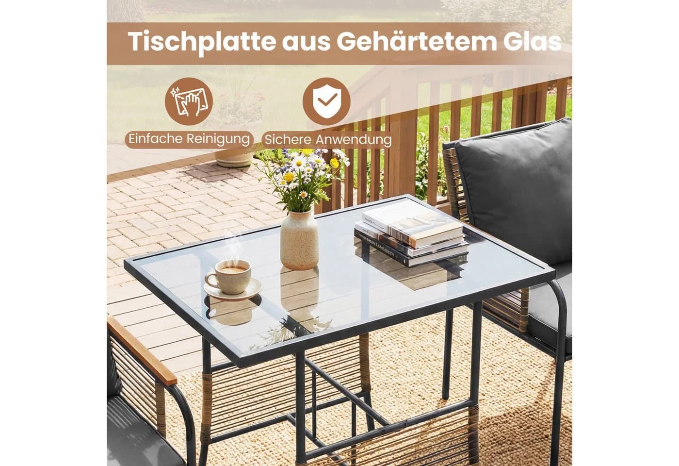KOMFOTTEU Balkonset 3-tlg. mit Kissen Beige/Grau PE-Rattan