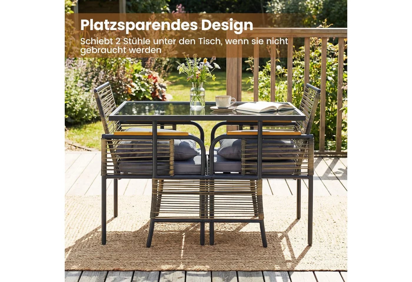 KOMFOTTEU Balkonset 3-tlg. mit Kissen Beige/Grau PE-Rattan - Bild 3