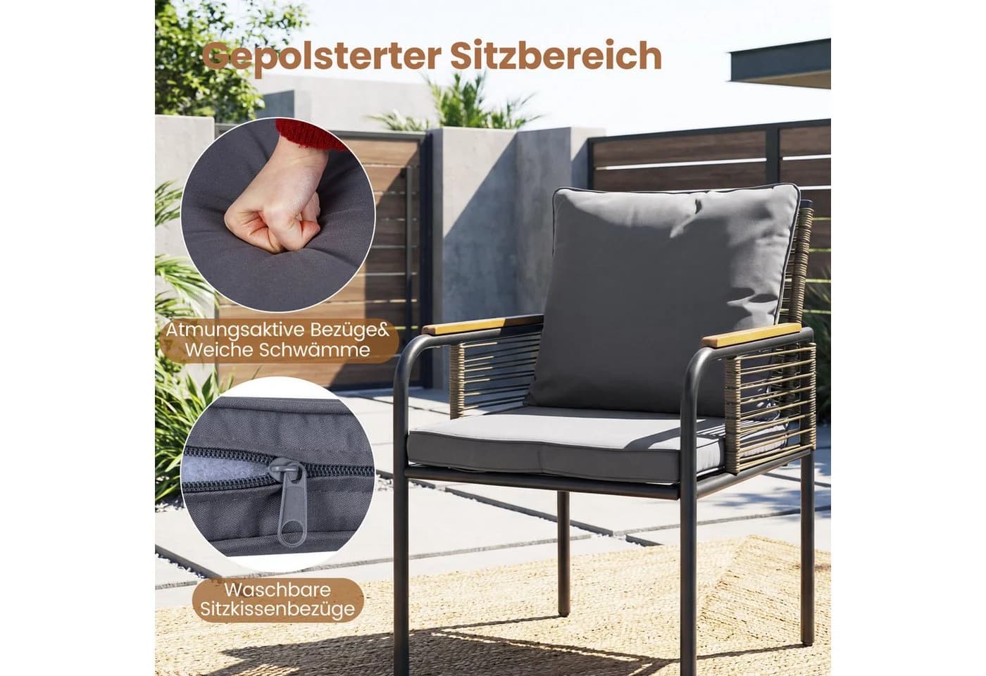 KOMFOTTEU Balkonset 3-tlg. mit Kissen Beige/Grau PE-Rattan - Bild 4