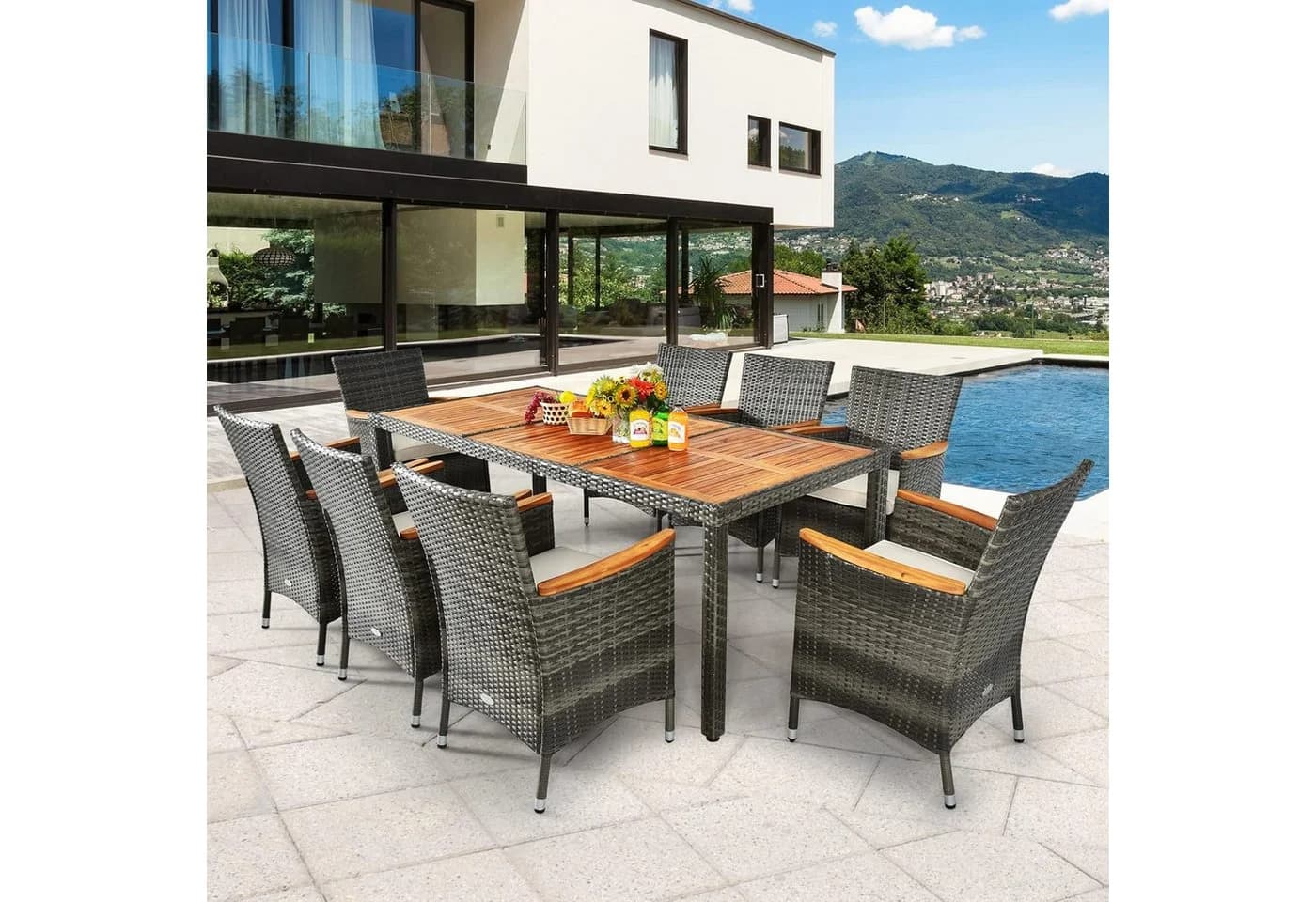 COSTWAY Garten-Essgruppe 9-tlg. Grau Rattan mit Kissen - Bild 2