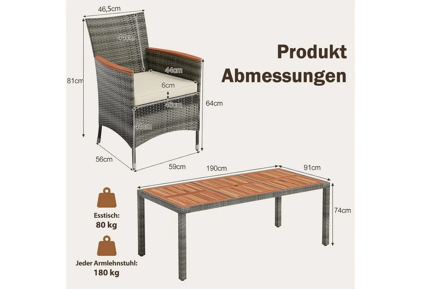 COSTWAY Garten-Essgruppe 9-tlg. Grau Rattan mit Kissen - Bild 5
