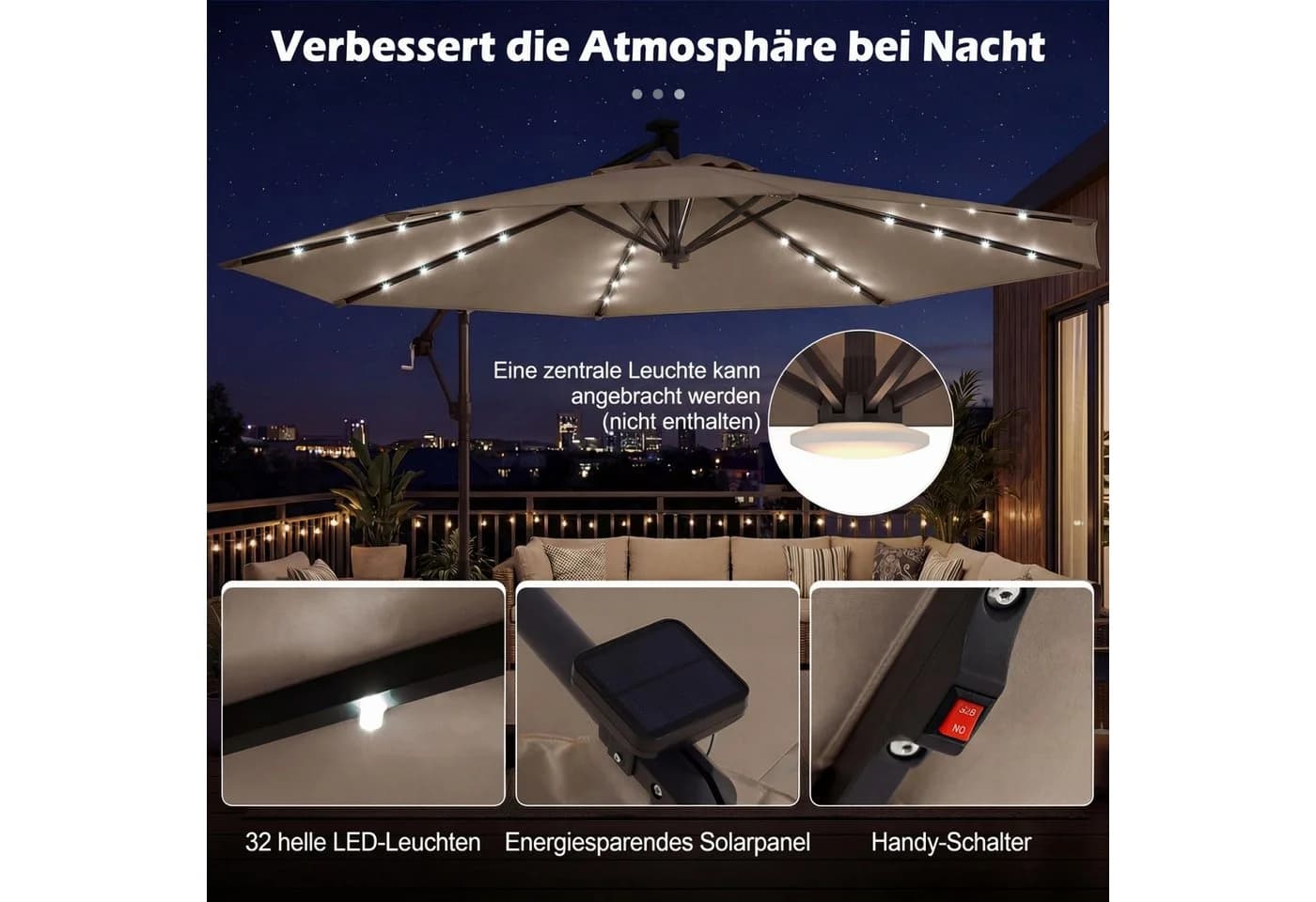 COSTWAY Sonnenschirm mit LED & Ständer 300 cm Ampelschirm drehbar