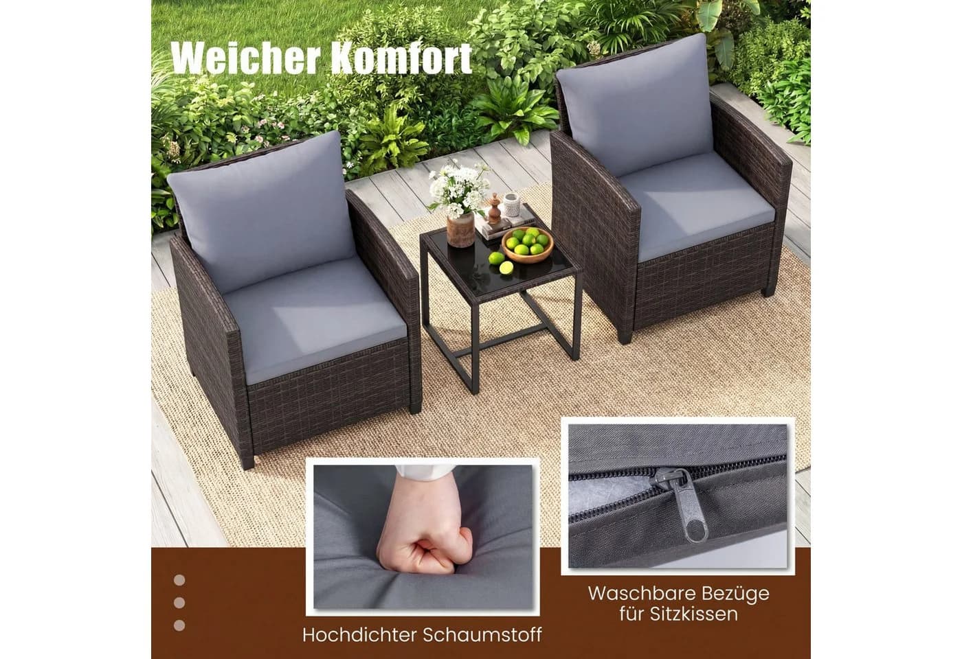 COSTWAY Balkonset 3-tlg. Grau PE-Rattan mit Kissen - Bild 4