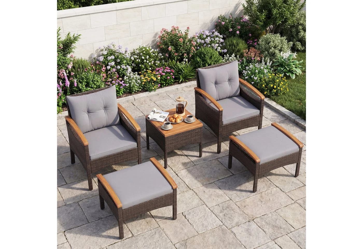 COSTWAY Balkonset 5-tlg. Rattan mit Kissen Braun/Beige