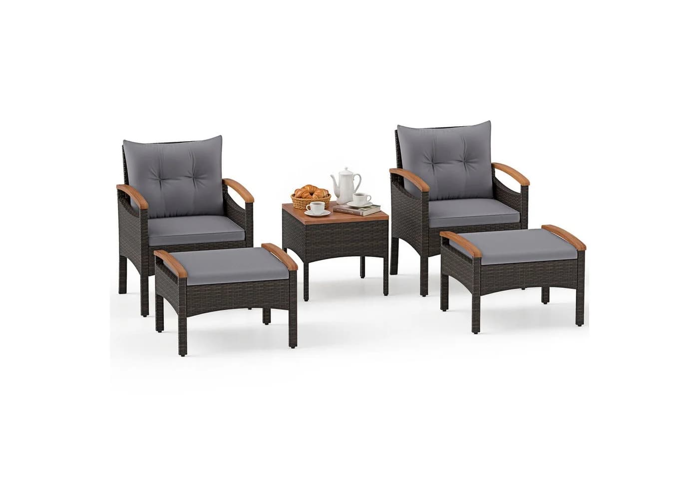 COSTWAY Balkonset 5-tlg. Rattan mit Kissen Braun/Beige - Bild 2