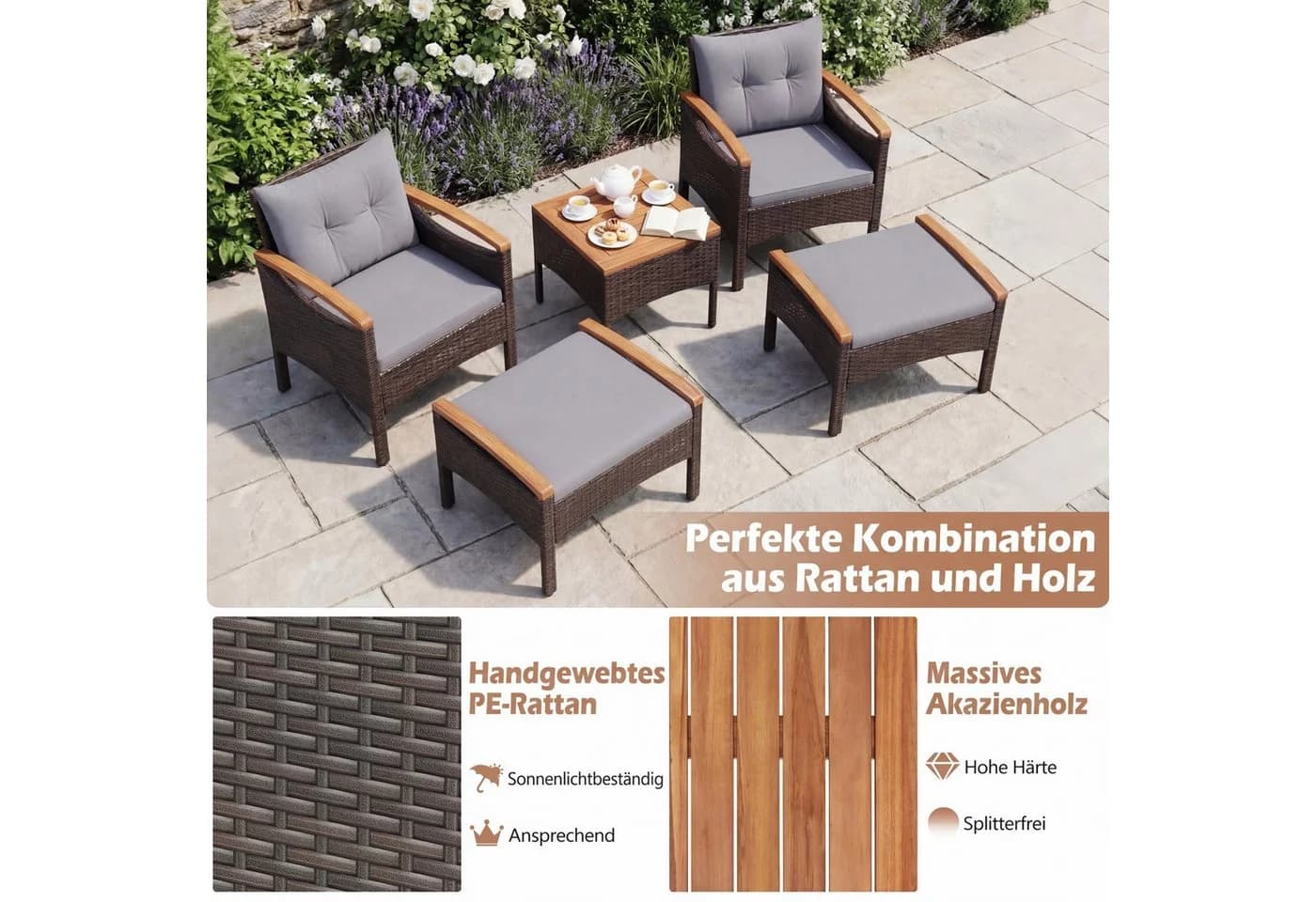 COSTWAY Balkonset 5-tlg. Rattan mit Kissen Braun/Beige - Bild 3