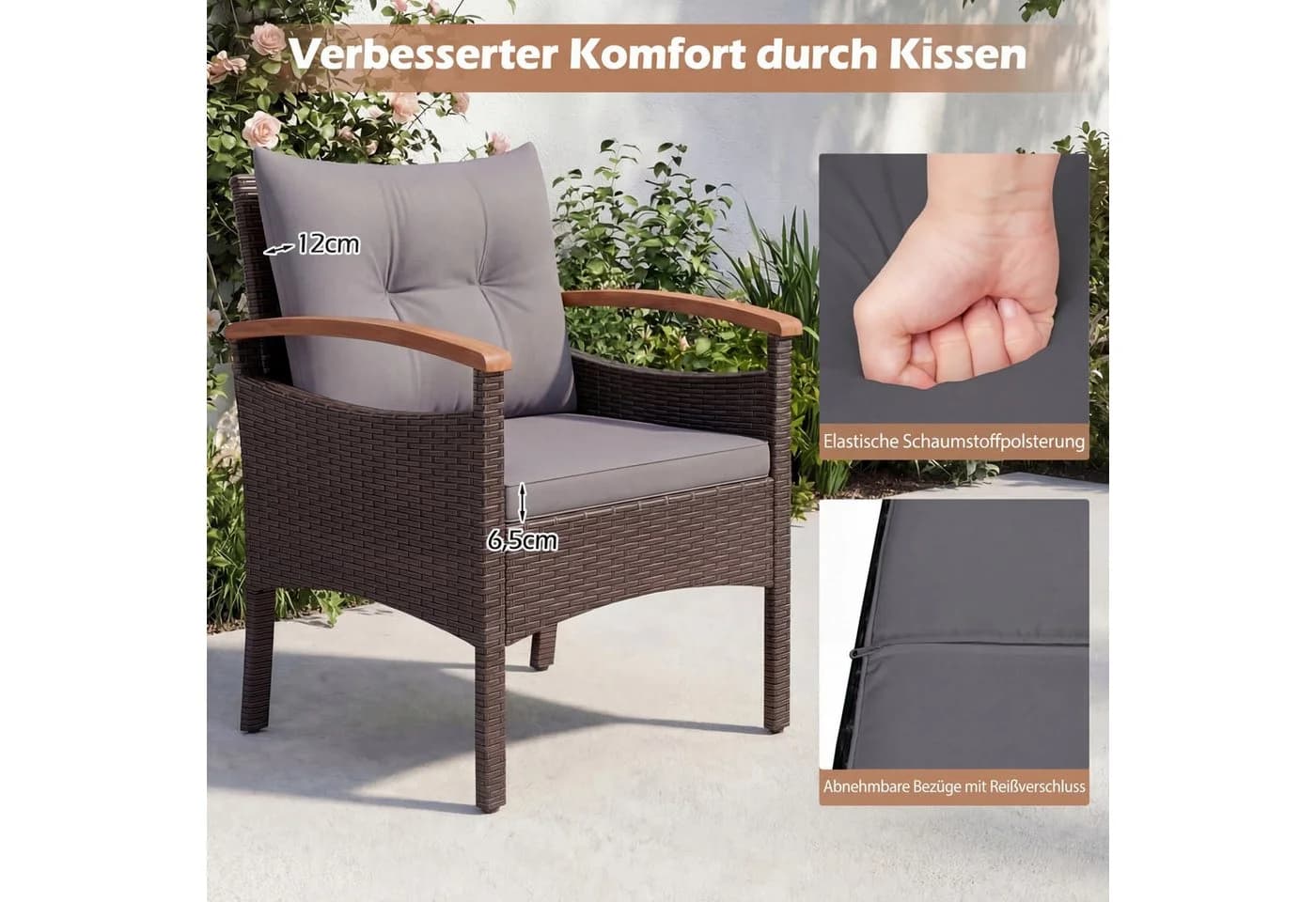 COSTWAY Balkonset 5-tlg. Rattan mit Kissen Braun/Beige - Bild 4
