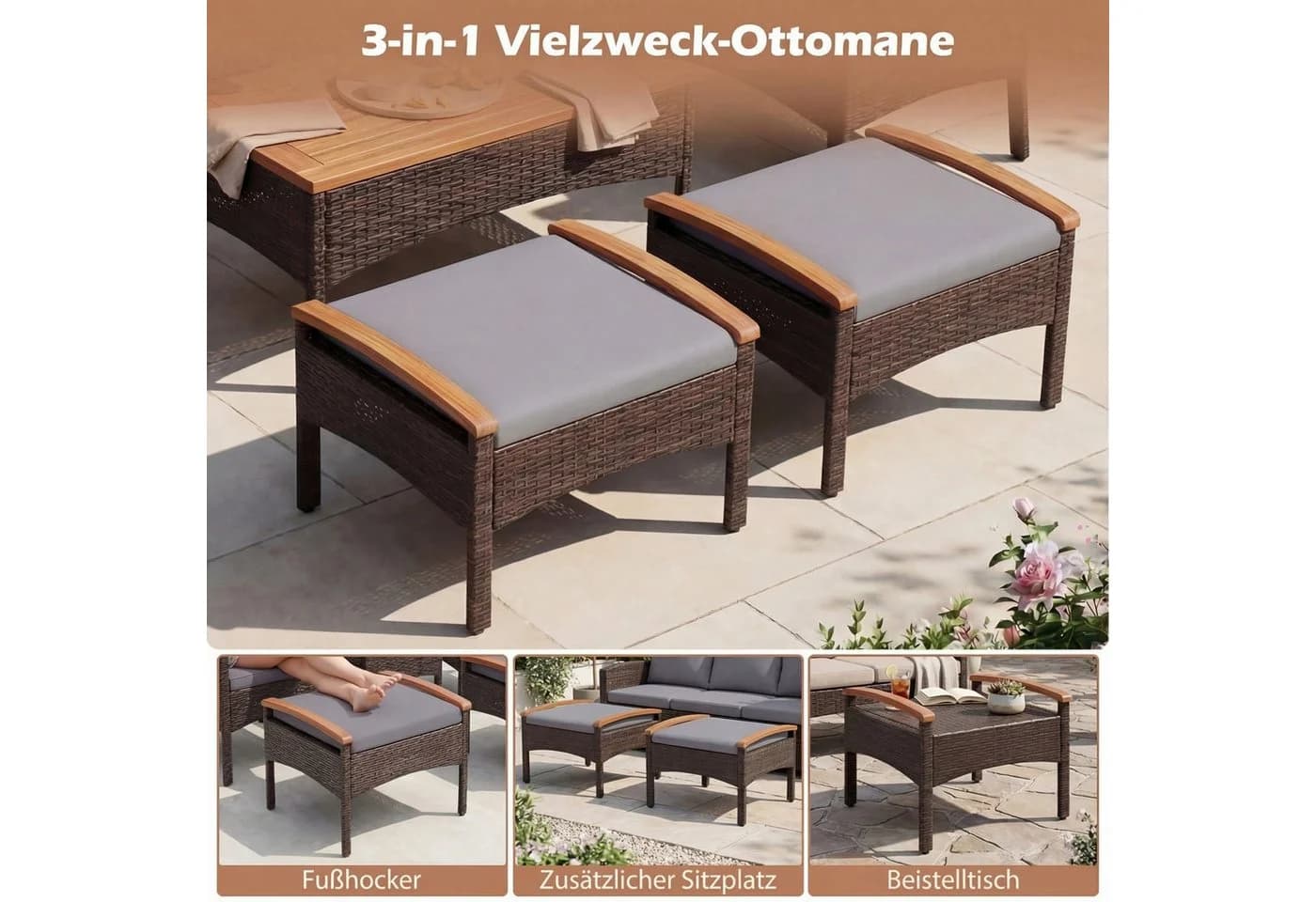 COSTWAY Balkonset 5-tlg. Rattan mit Kissen Braun/Beige - Bild 5