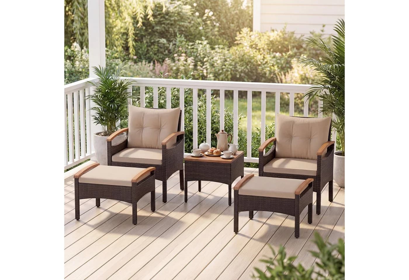 COSTWAY Balkonset Rattan 5-tlg. Braun mit Kissen
