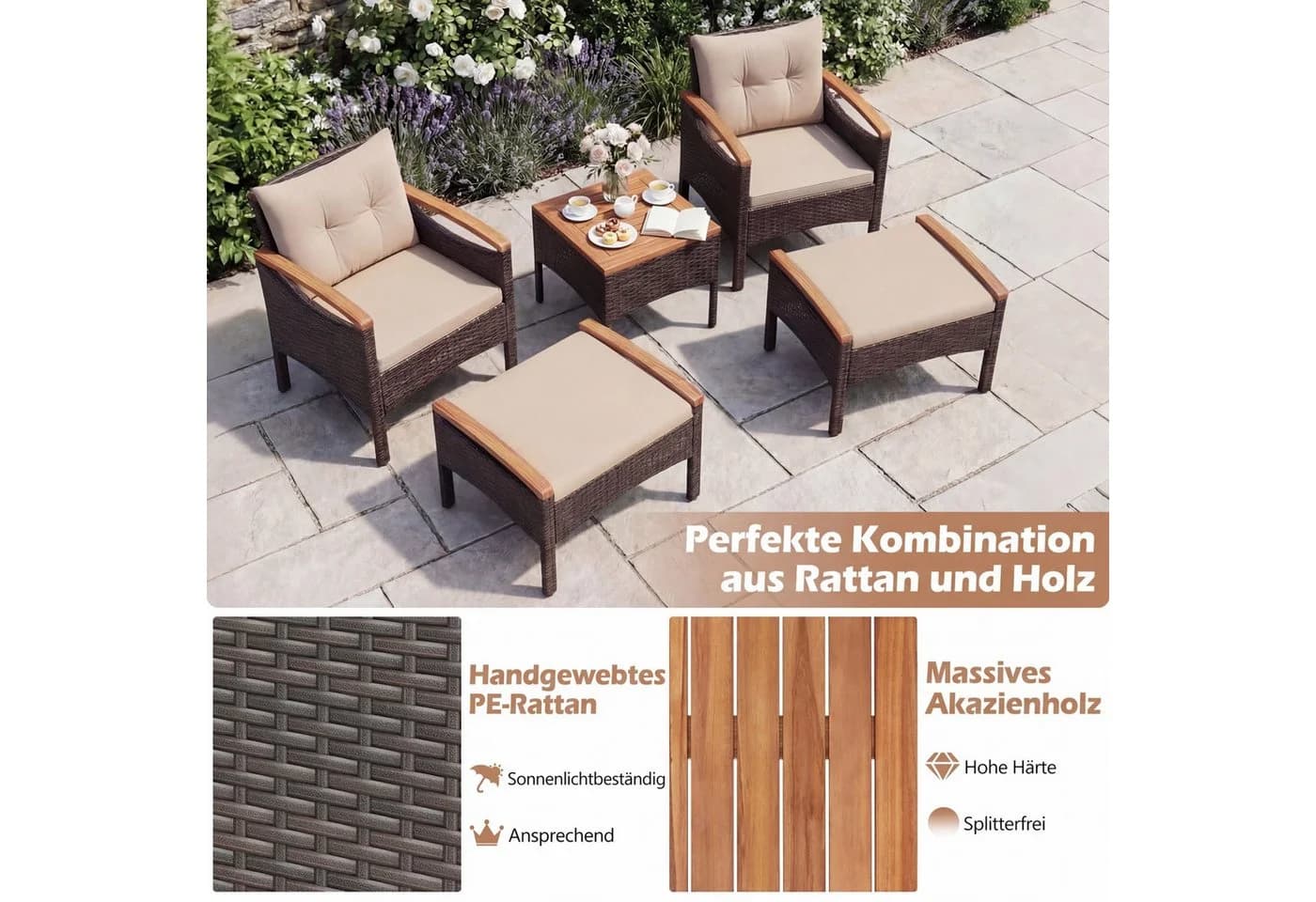 COSTWAY Balkonset Rattan 5-tlg. Braun mit Kissen - Bild 3
