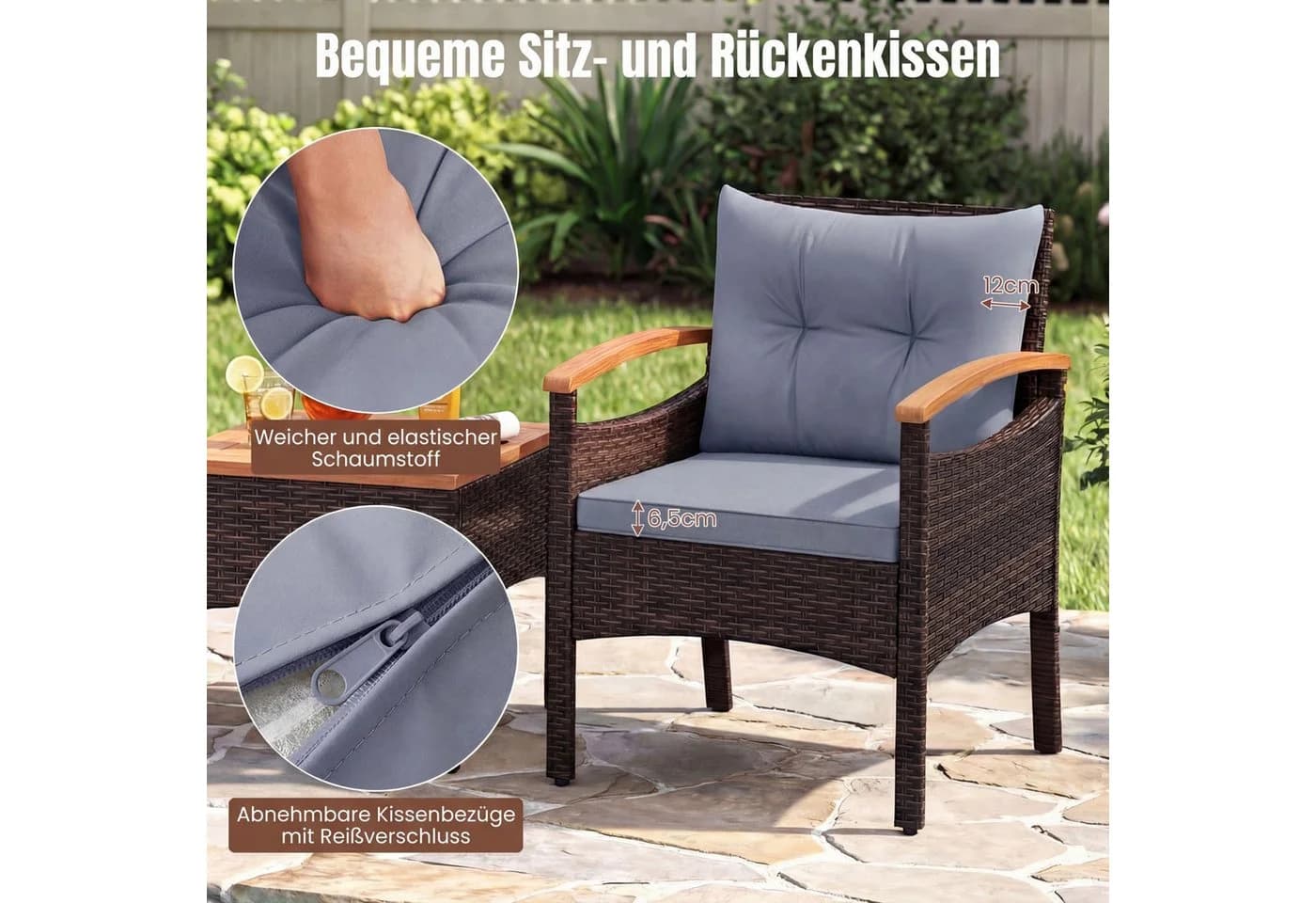 COSTWAY Balkonset 3-tlg. Braun PE-Rattan mit Kissen - Bild 3