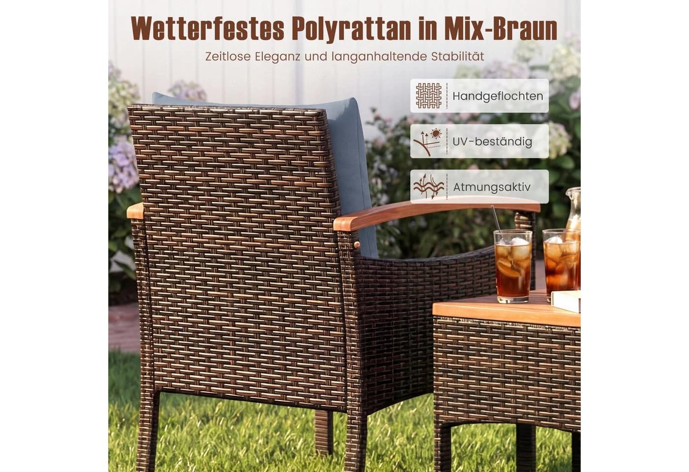 COSTWAY Balkonset 3-tlg. Braun PE-Rattan mit Kissen - Bild 4