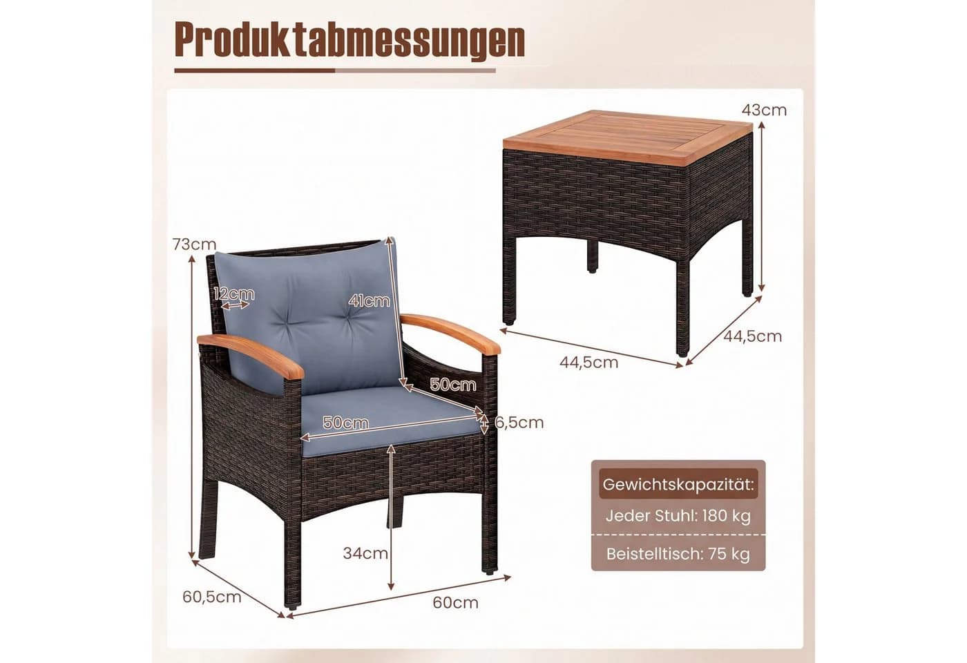 COSTWAY Balkonset 3-tlg. Braun PE-Rattan mit Kissen - Bild 5