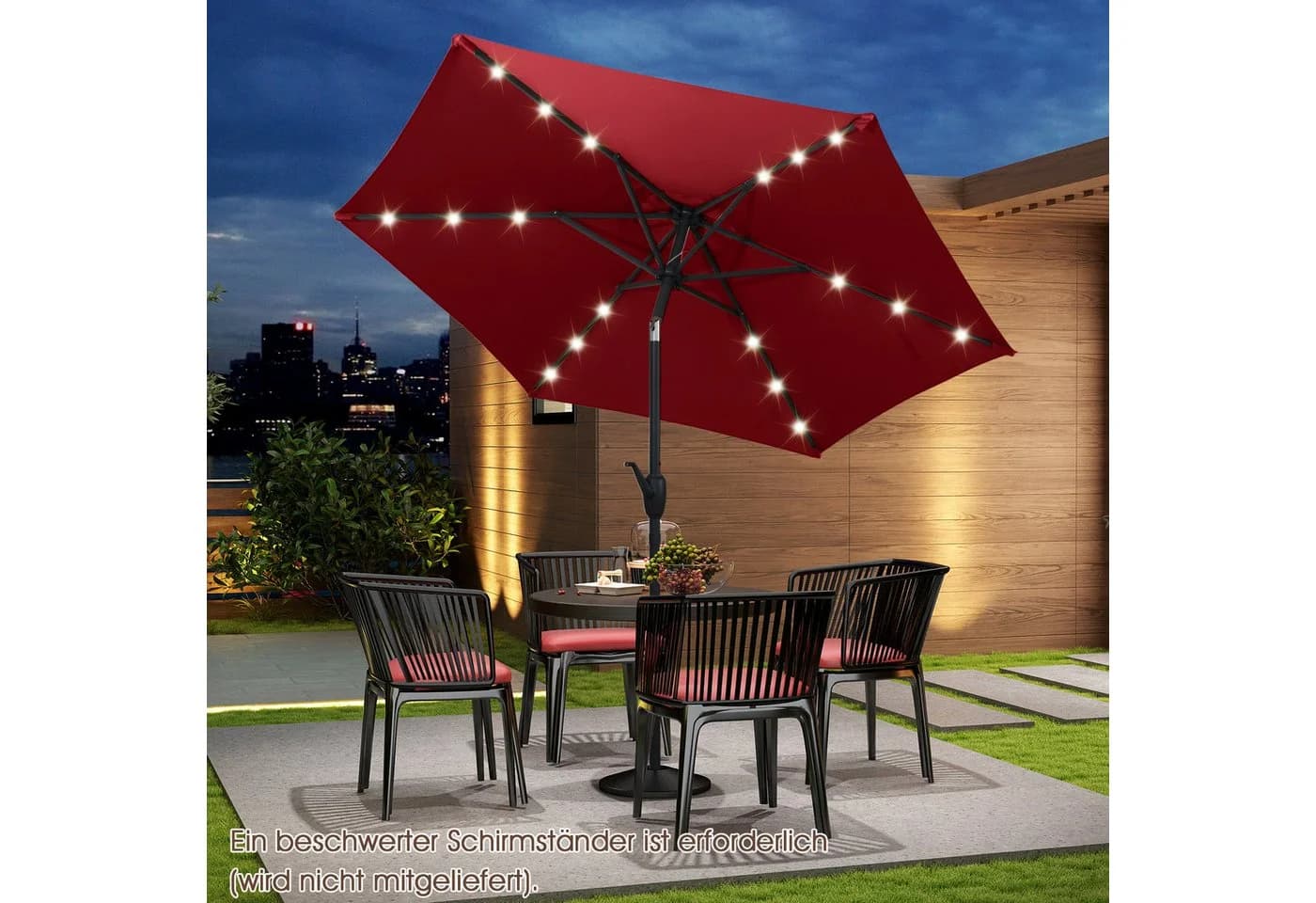 COSTWAY Sonnenschirm rot mit LED-Solar-Beleuchtung und Kurbel