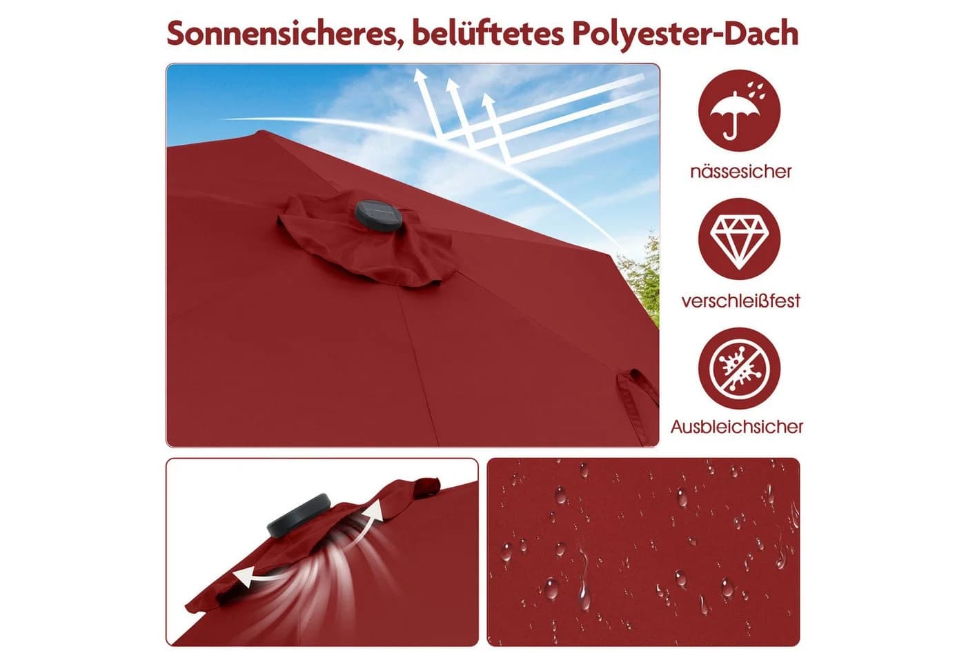 COSTWAY Sonnenschirm rot mit LED-Solar-Beleuchtung und Kurbel - Bild 3
