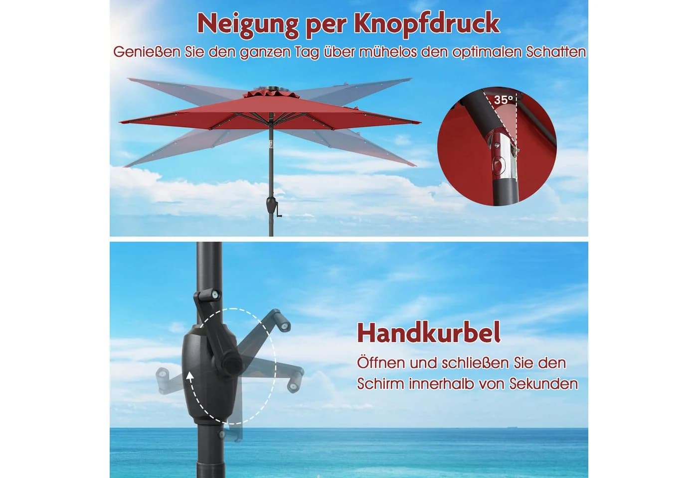 COSTWAY Sonnenschirm rot mit LED-Solar-Beleuchtung und Kurbel - Bild 4