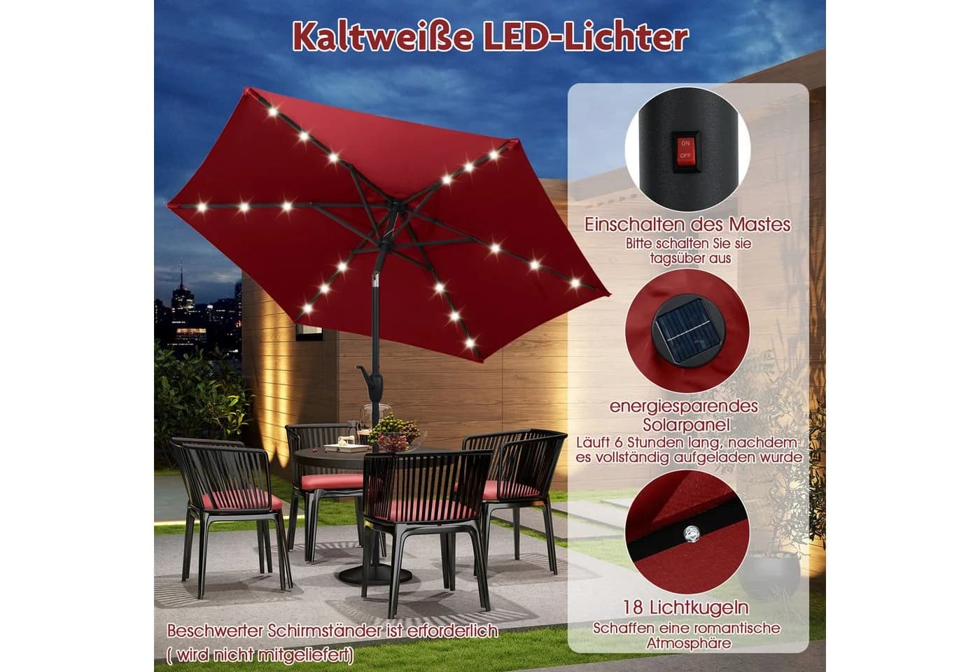 COSTWAY Sonnenschirm rot mit LED-Solar-Beleuchtung und Kurbel - Bild 5