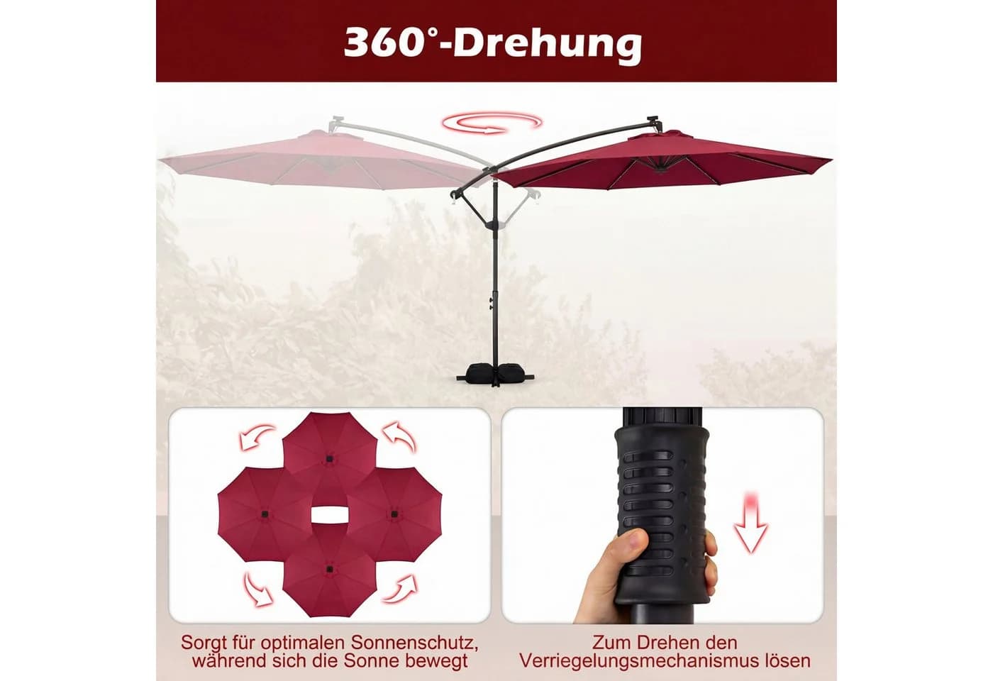 COSTWAY Sonnenschirm Balkonschirm Rot mit LED und Ständer - Bild 5