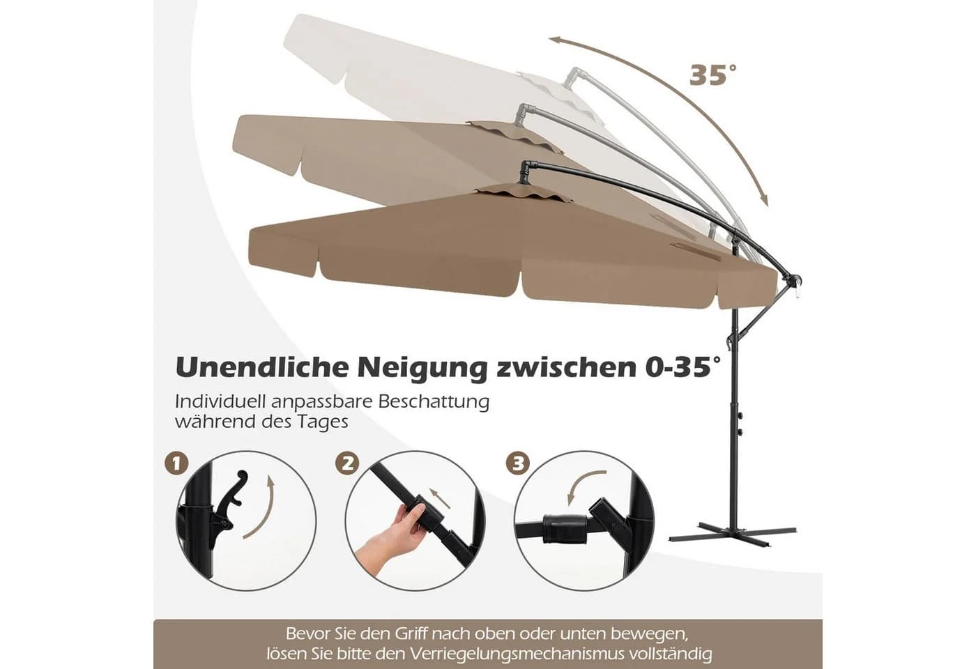 COSTWAY Ampelschirm 305 cm neigbar mit Schutzhülle Braun - Bild 4