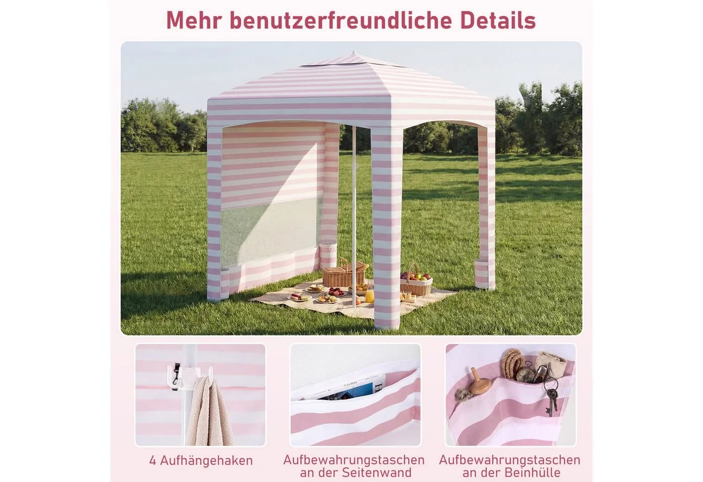 COSTWAY Faltzelt Strandzelt rosa höhenverstellbar mit Seitenwand - Bild 5