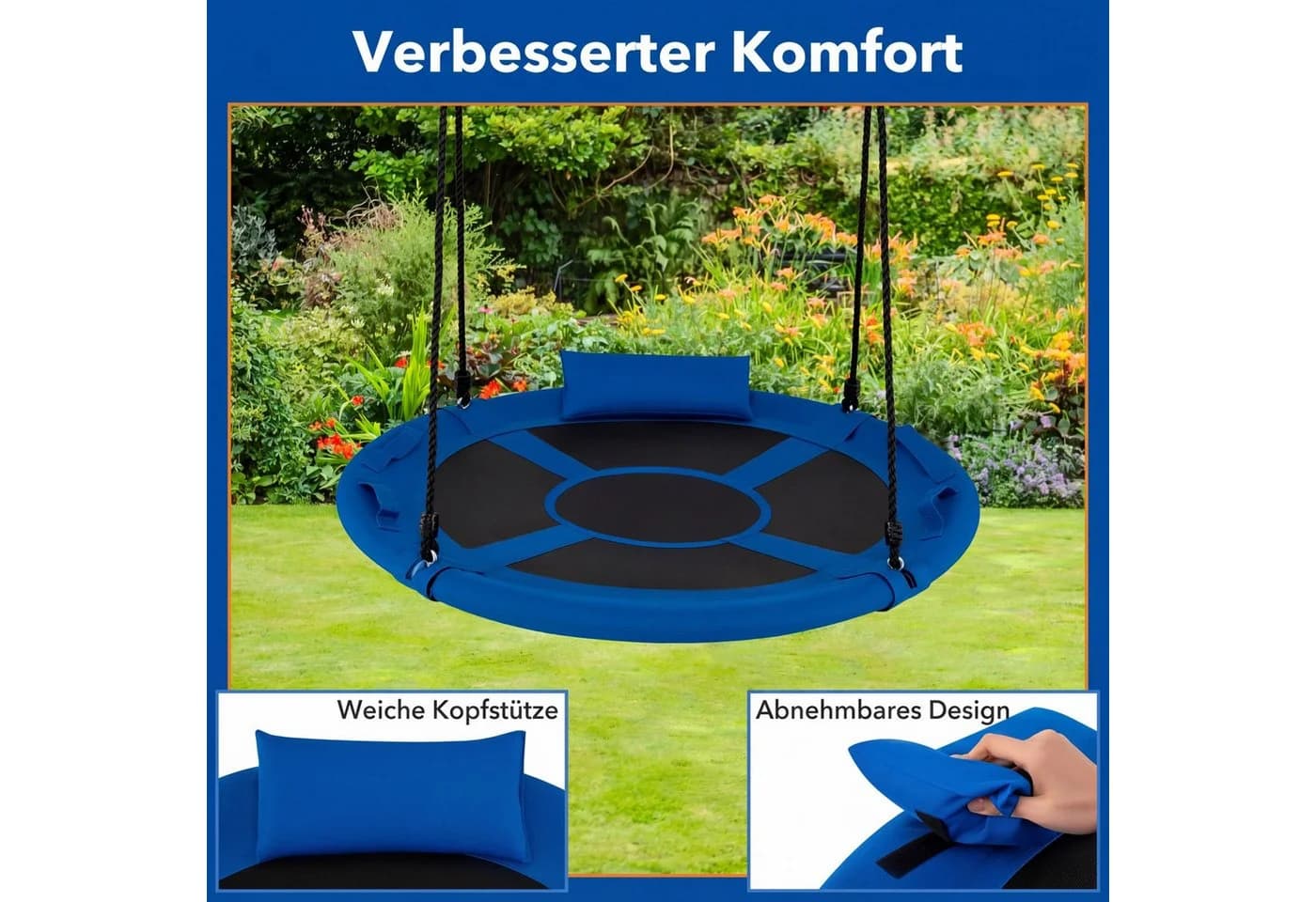 COSTWAY Nestschaukel mit Kissen & Griffe, blau, für 2-3 Kinder