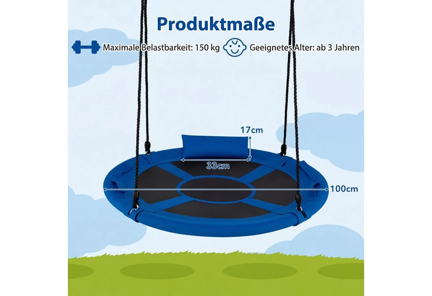 COSTWAY Nestschaukel mit Kissen & Griffe, blau, für 2-3 Kinder - Bild 3