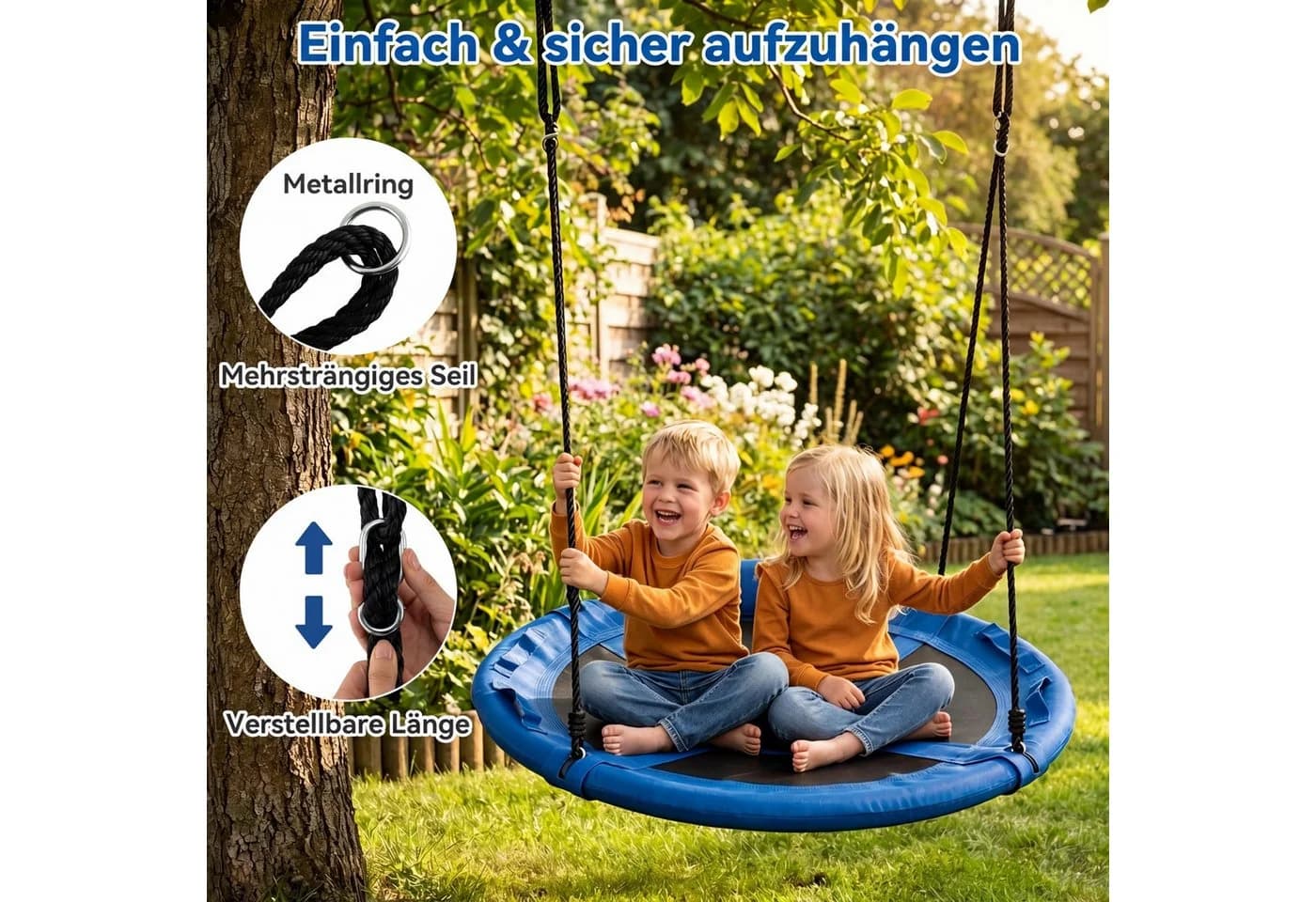 COSTWAY Nestschaukel mit Kissen & Griffe, blau, für 2-3 Kinder - Bild 4