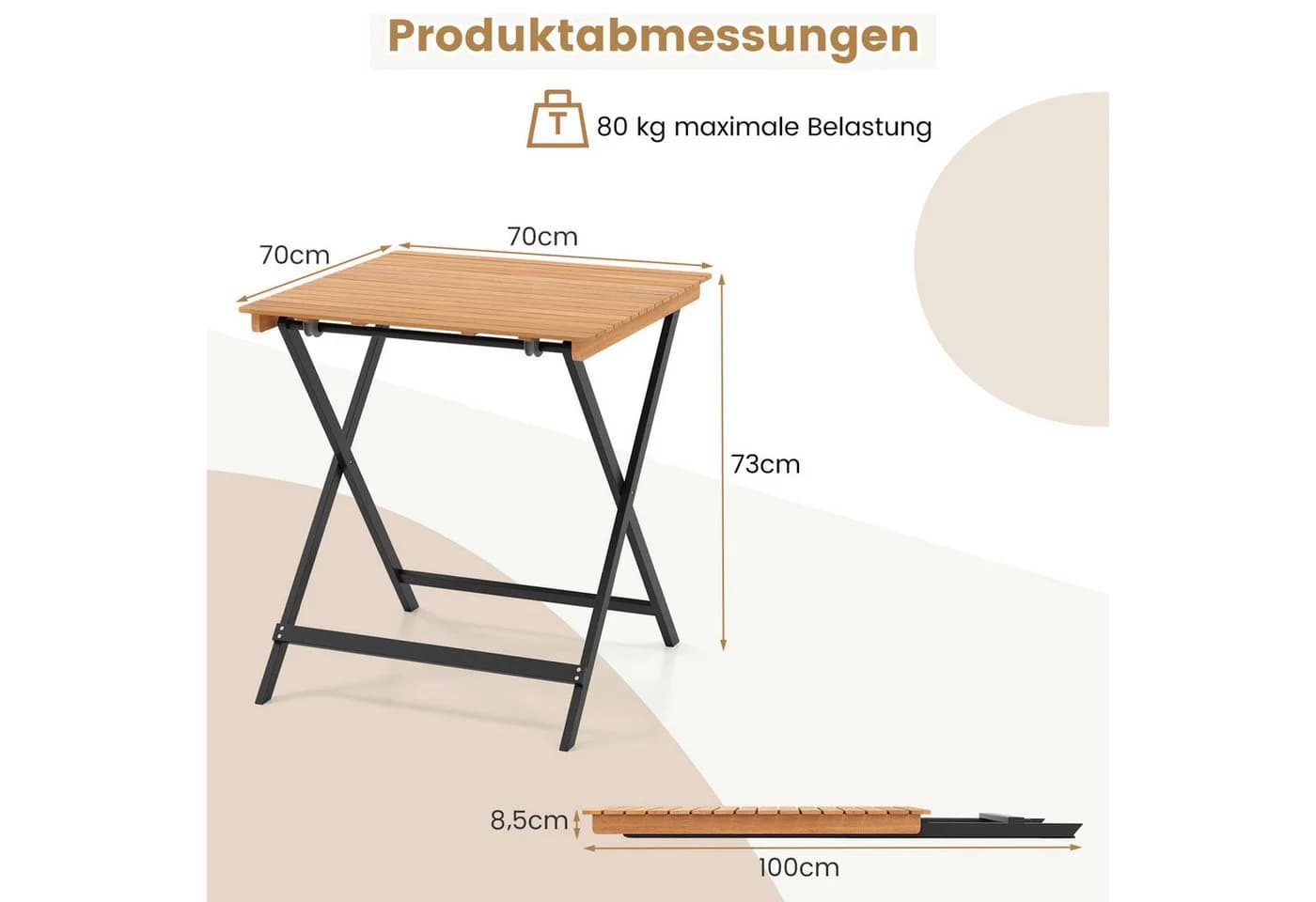 COSTWAY Klappbarer Gartentisch aus Akazienholz Beistelltisch - Bild 5