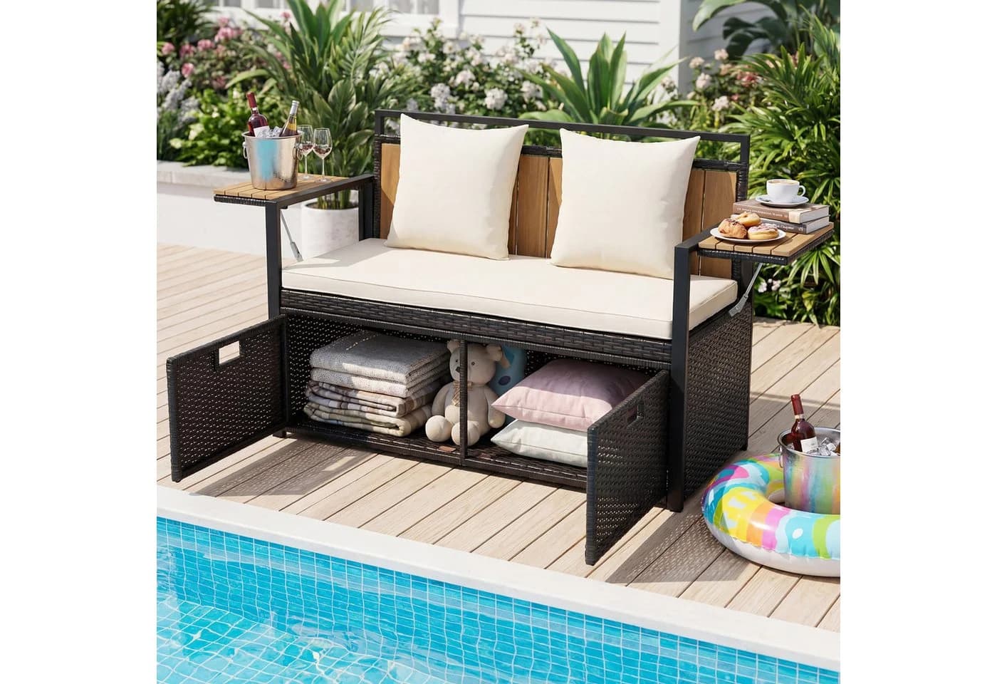COSTWAY Gartenbank mit Stauraum & Klappbaren Seitentischen Beige