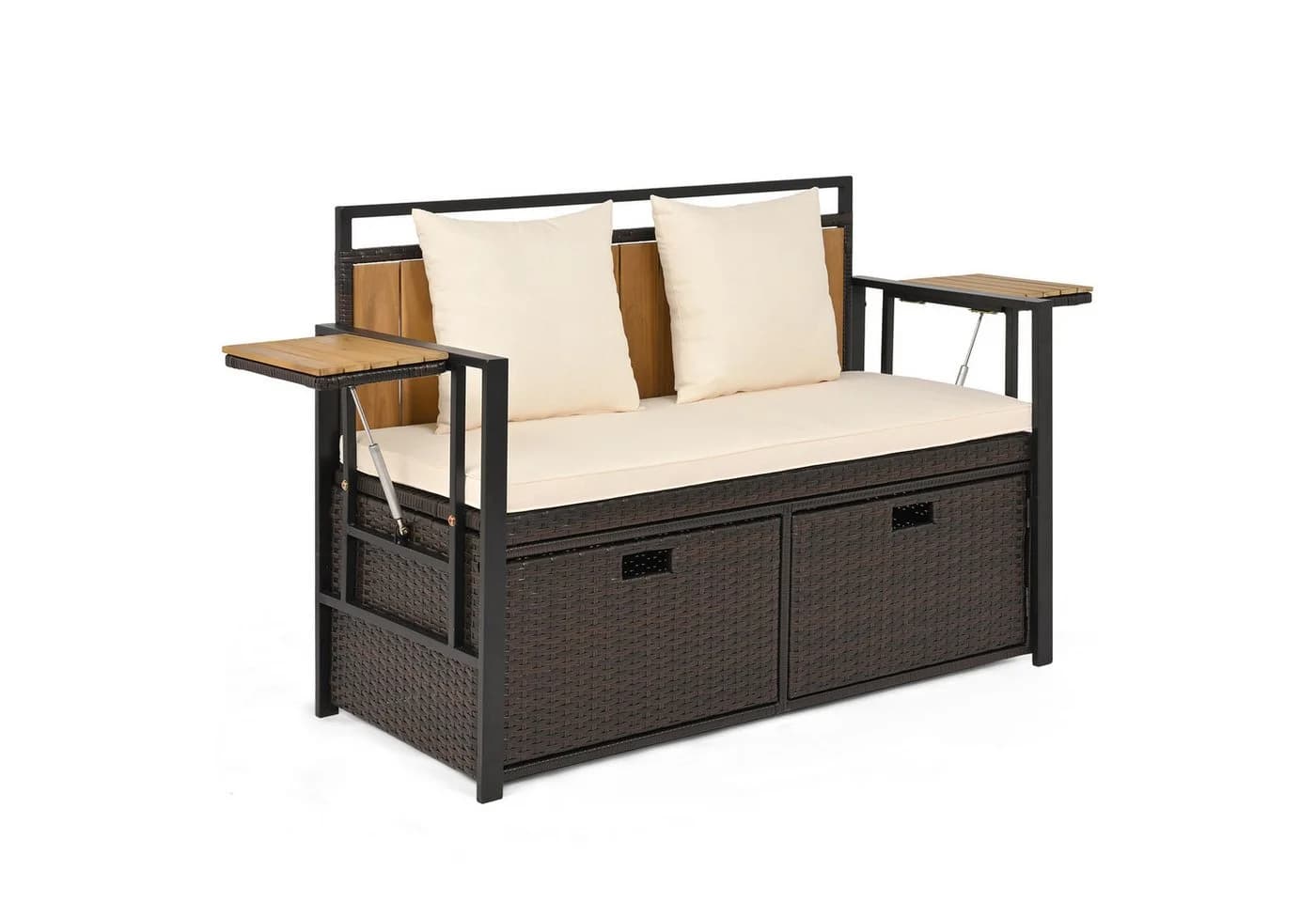 COSTWAY Gartenbank mit Stauraum & Klappbaren Seitentischen Beige - Bild 2