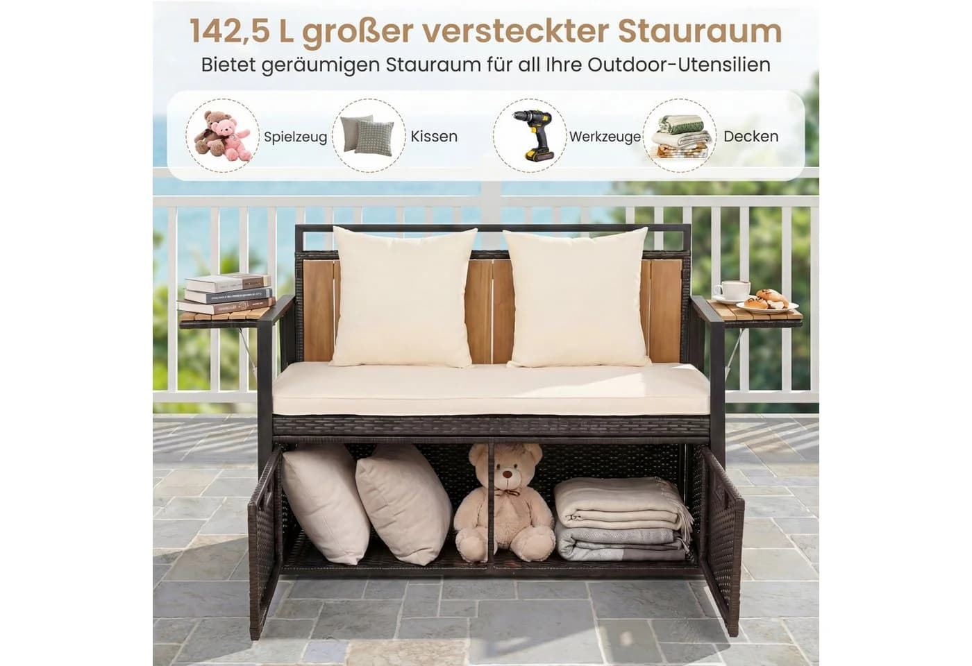 COSTWAY Gartenbank mit Stauraum & Klappbaren Seitentischen Beige - Bild 3