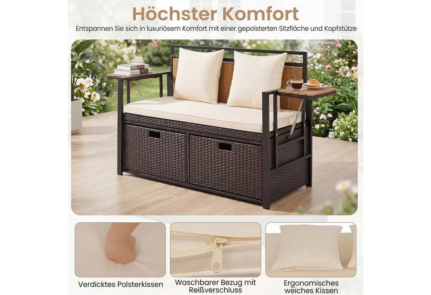 COSTWAY Gartenbank mit Stauraum & Klappbaren Seitentischen Beige - Bild 4