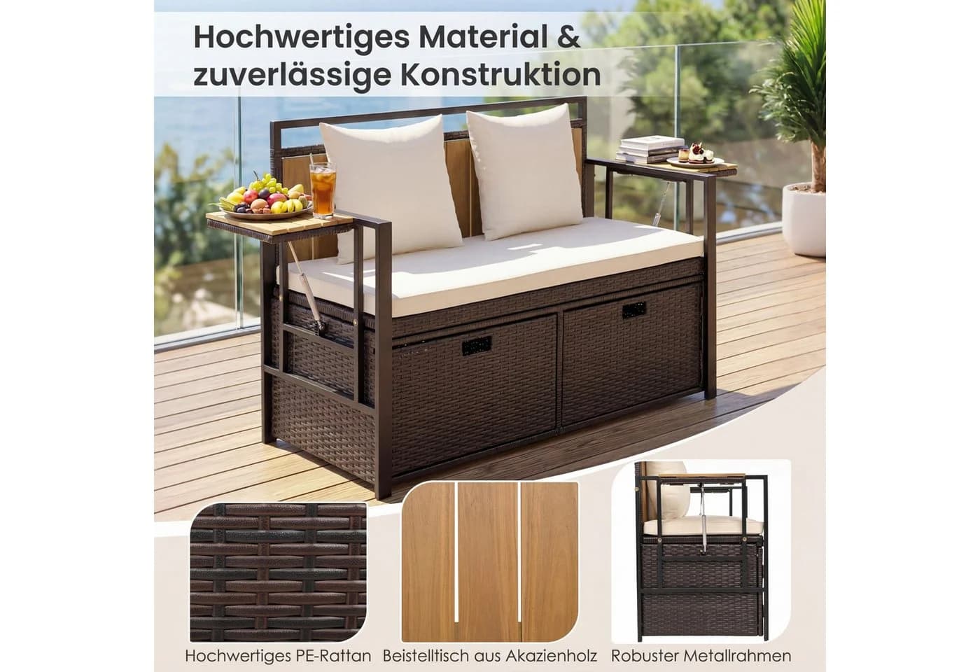 COSTWAY Gartenbank mit Stauraum & Klappbaren Seitentischen Beige - Bild 5