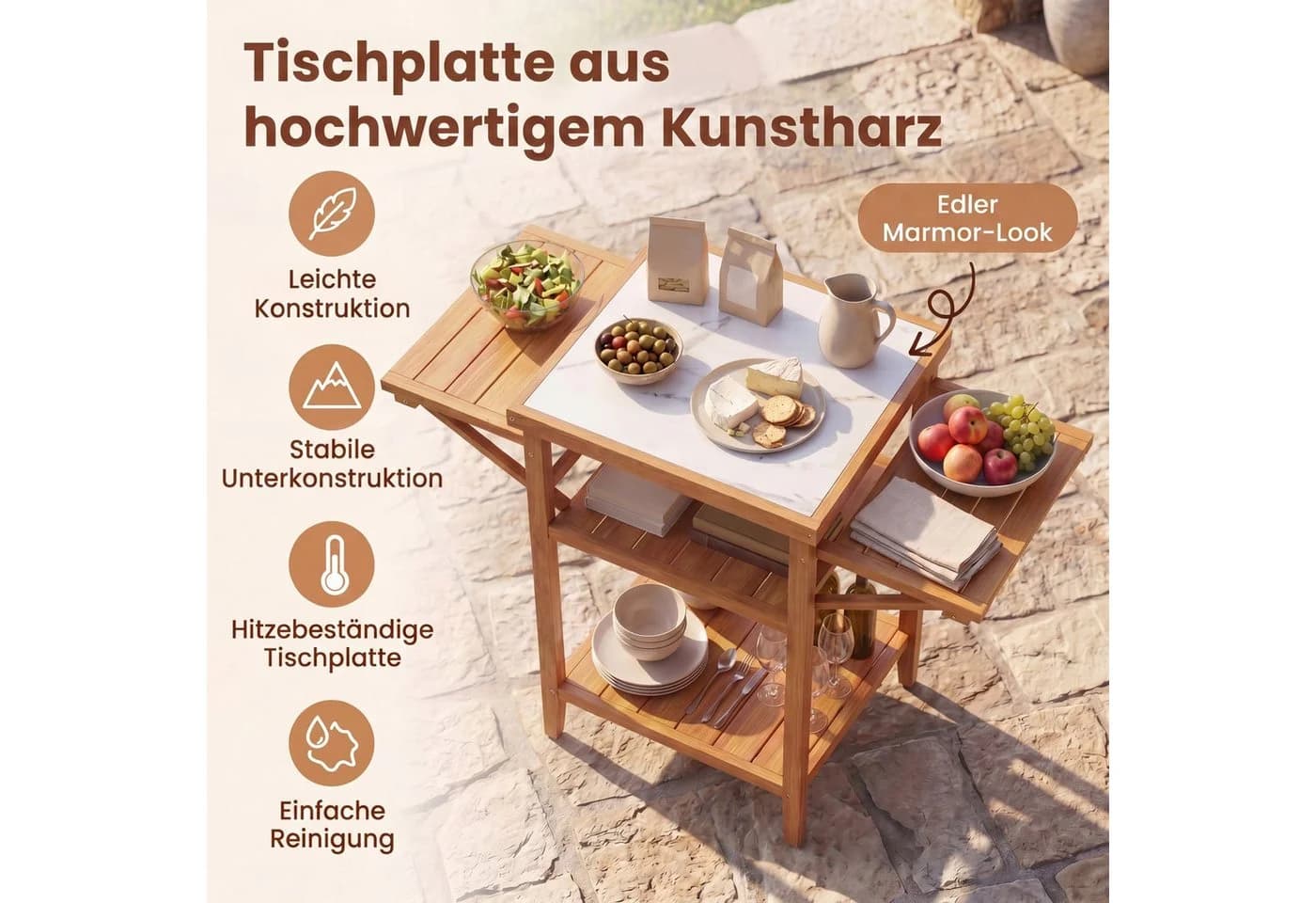 KOMFOTTEU Gartentisch Grilltisch mit Ablage Akazienholz - Bild 3