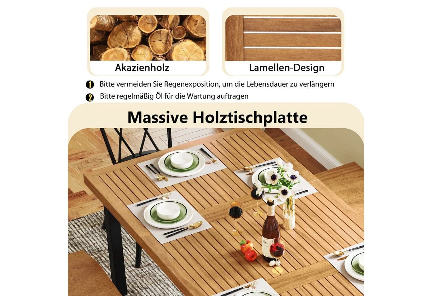 COSTWAY Gartentisch rechteckig Akazie Schwarz - Bild 4