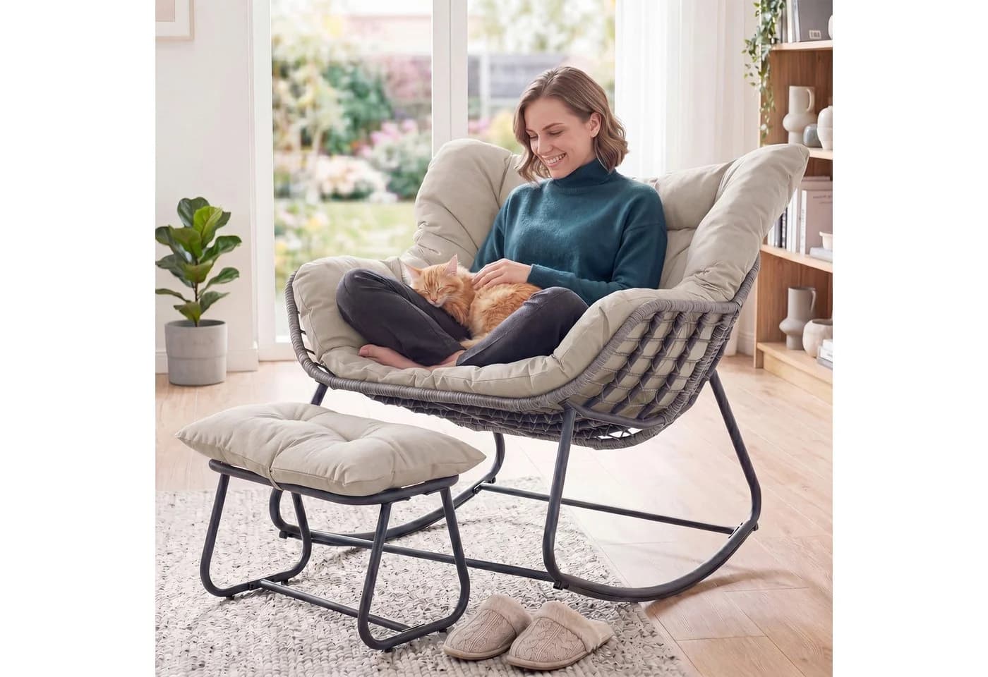 KOMFOTTEU Schaukelstuhl mit Hocker Beige/Grau Schwarz PE-Rattan Metall - Bild 3
