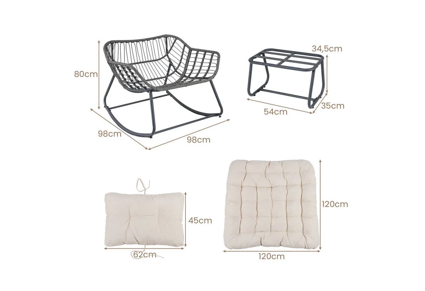 KOMFOTTEU Schaukelstuhl mit Hocker Beige/Grau Schwarz PE-Rattan Metall - Bild 5