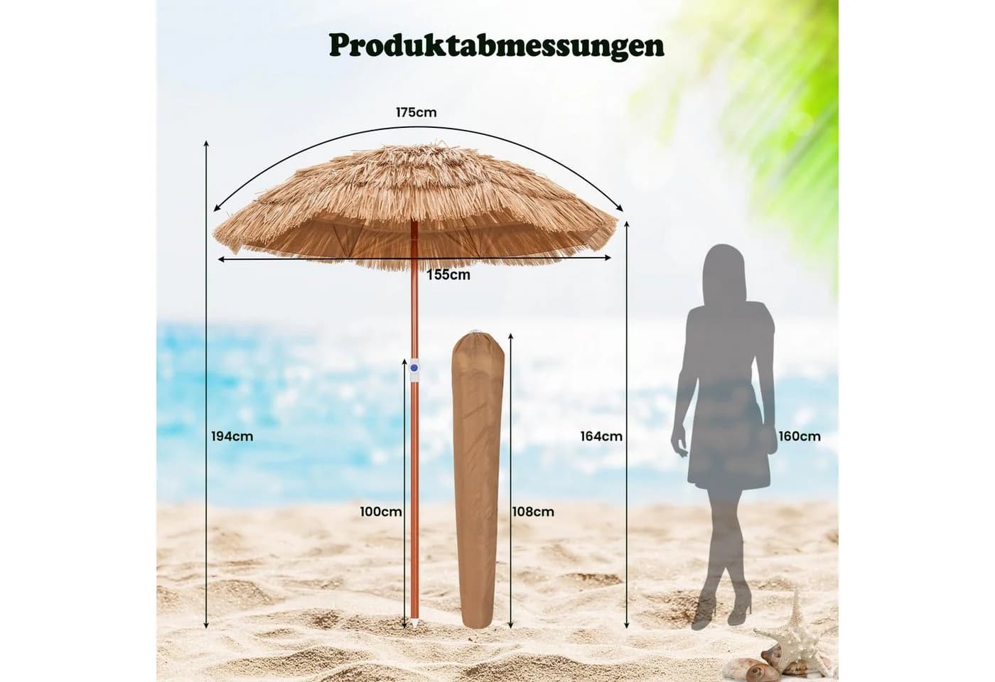 COSTWAY Hawaii Strandschirm 175cm Tropischer Sonnenschirm - Bild 5