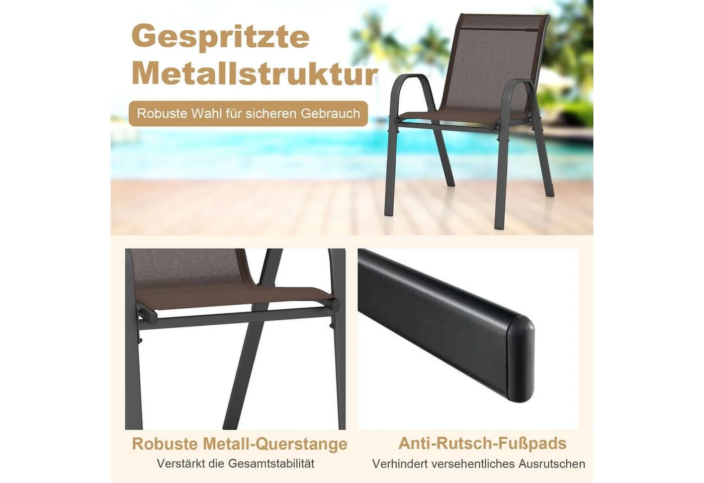 COSTWAY Gartenstuhl 2er-Set Stapelbar Terrassenstuhl Braun - Bild 4