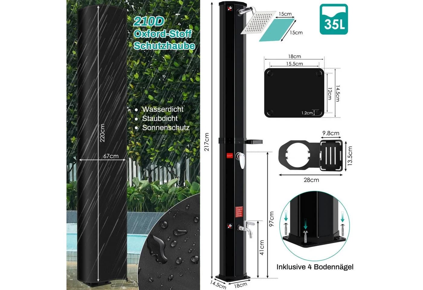 TLGREEN Gartendusche Solardusche Schwarz mit Regenduschkopf