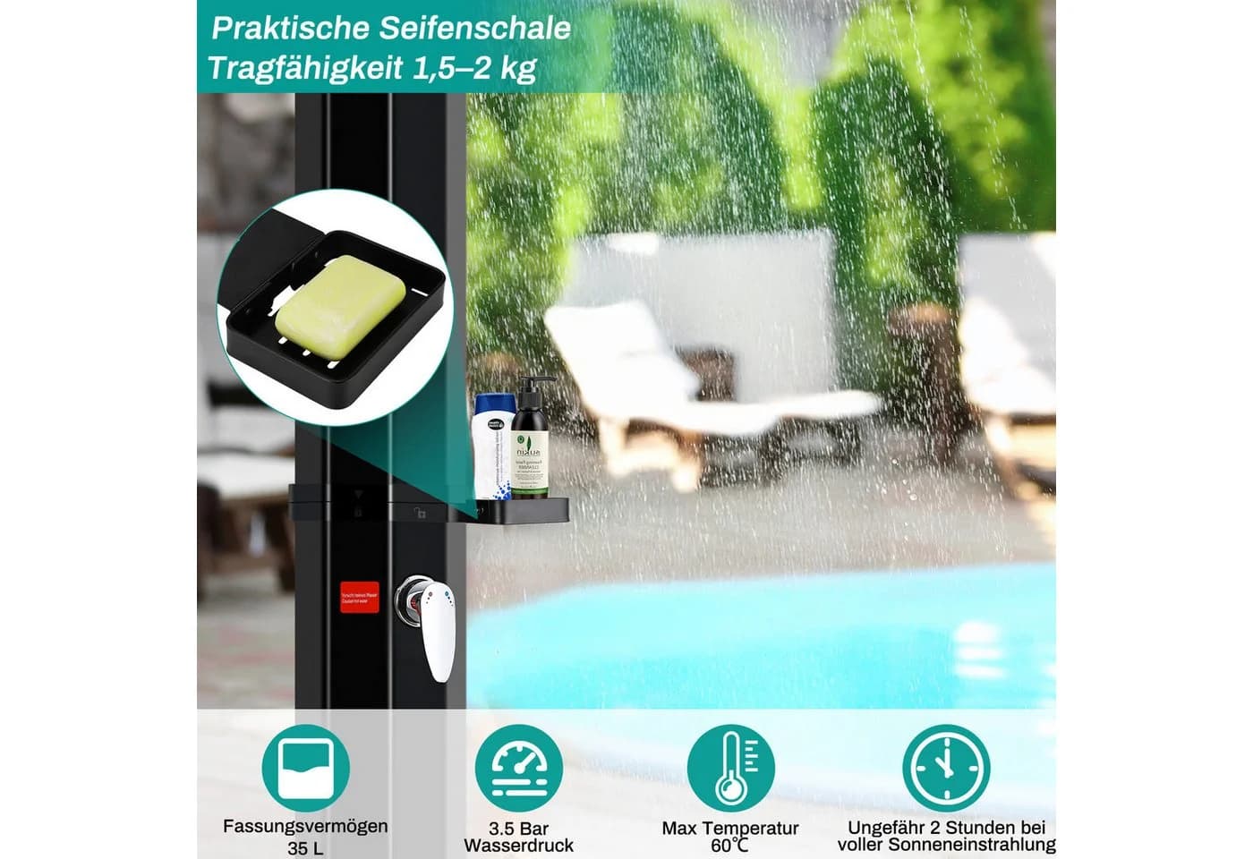 TLGREEN Gartendusche Solardusche Schwarz mit Regenduschkopf - Bild 3