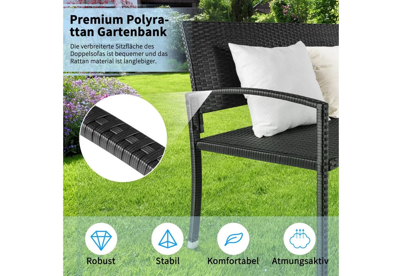 TLGREEN Gartenbank Polyrattan Sitzbank Wetterfest 2-Sitzer Parkbank Schwarz - Bild 3