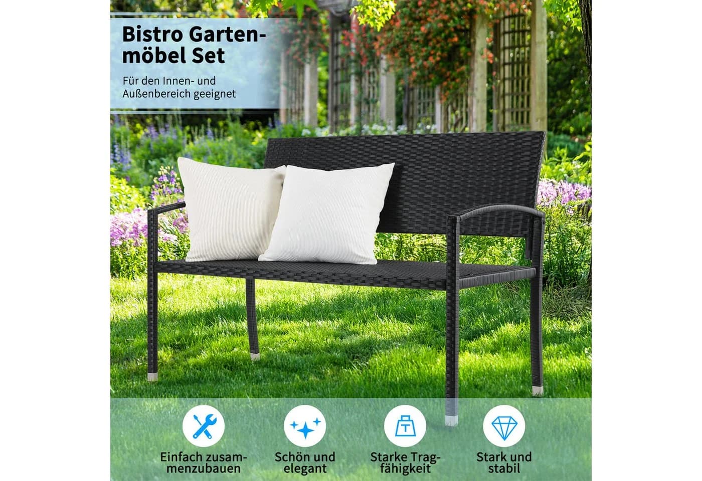 TLGREEN Gartenbank Polyrattan Sitzbank Wetterfest 2-Sitzer Parkbank Schwarz - Bild 5